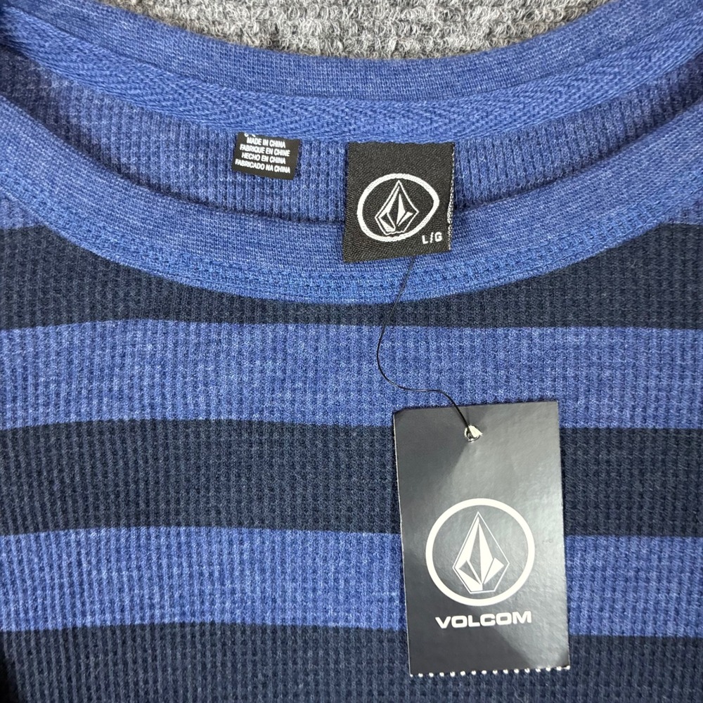 Volcom Mens Blue Striped Waffle Knit Thermal Long Sleeve Shirt Large New - Picture 2 of 8